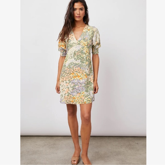 Rails Roma Gardenia Mini Dress Multi Floral Puff Sleeves V-neckline Multi XS - Picture 1 of 15